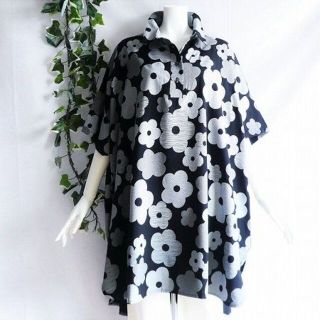 【新品】6961【L】上質 北欧風花柄 シャツチュニックワンピース 黒系(シャツ/ブラウス(長袖/七分))