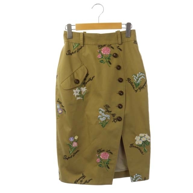 スレトシス フロントボタン花刺繍スカート タイト ロング 2 ベージュ