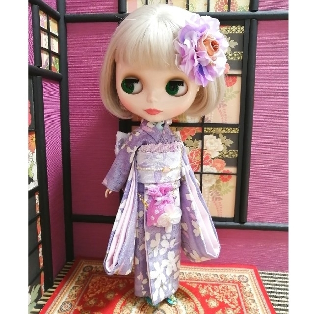 ハンドメイド【夢人屋呉服店】ブライス　着物　振袖　花びらバレッタのお着物セット　足袋&草履付