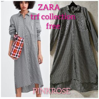 ザラ(ZARA)のZARA　trf　切替ギンガムチェックシャツワンピース　前誤差ヘム　 ロング　M(ロングワンピース/マキシワンピース)