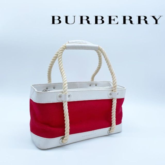 完璧 BURBERRY - Burberry  バーバリー  マリン トートバッグ  ハンドバッグ　白　赤 ハンドバッグ