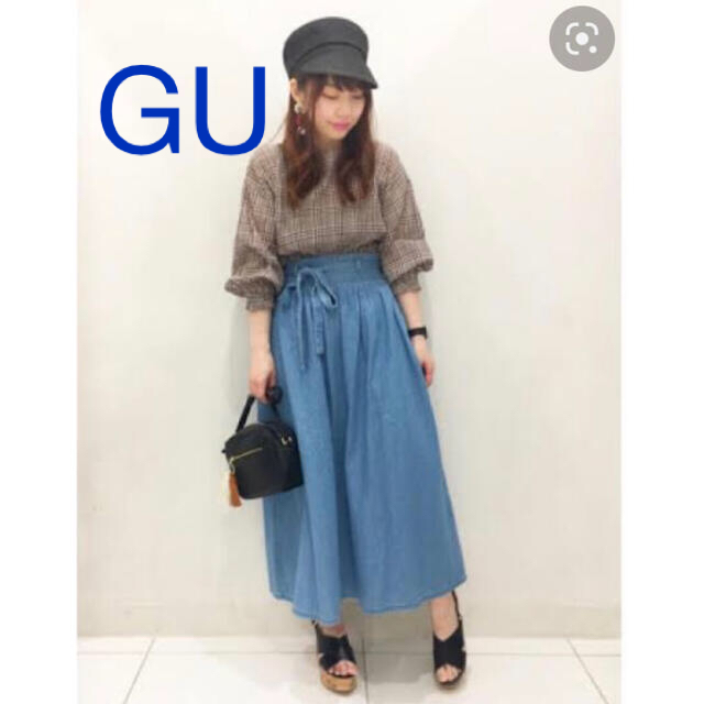 GU(ジーユー)のGU デニムウエストリボンフレアロングスカートSB 美品 レディースのスカート(ロングスカート)の商品写真