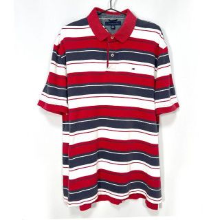 トミーヒルフィガー(TOMMY HILFIGER)の《一点物》トミー ヒルフィガー ポロシャツ ボーダー 半袖 ロゴ 古着 XL(ポロシャツ)