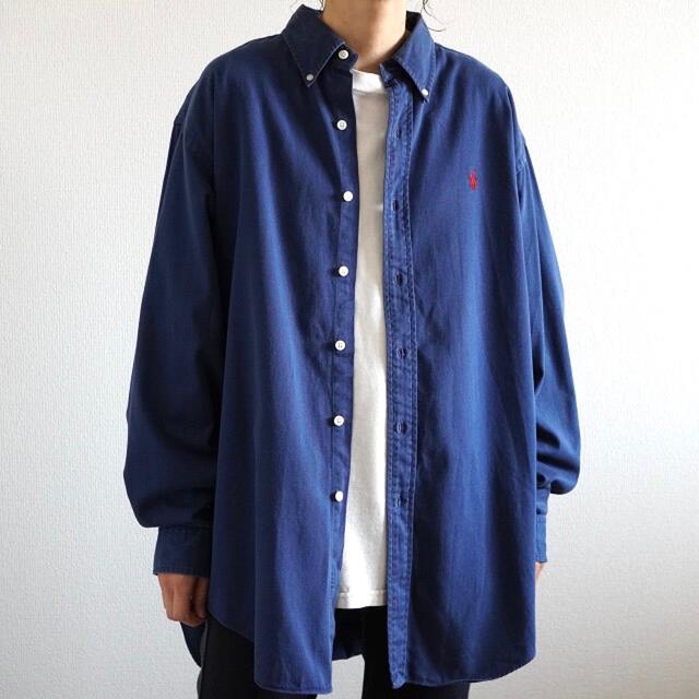 90s ラルフローレン 刺繍ロゴ シャツ ネイビー 古着 vintage | フリマアプリ ラクマ