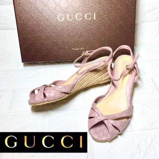 Gucci - 【美品】GUCCI GG総柄 ジュートサンダル ピンク ウェッジ