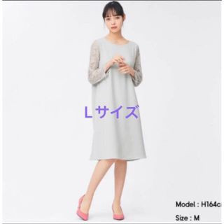 ジーユー(GU)の【美品】GU 今春新作　レーススリーブワンピース　LIGHT GRAY(ひざ丈ワンピース)