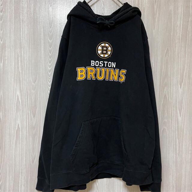 マジェスティックNHLスウェットパーカーフーディービッグプリントチームロゴ 京都 ビッグロゴ NHLブルーインズ 黒 フーディ パーカー プルオーバー 2XL パーカー