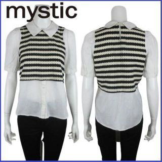 ミスティック(mystic)のミスティック mystic 切替 ニット ブラウス シャツ ボーダー カットソー(シャツ/ブラウス(半袖/袖なし))