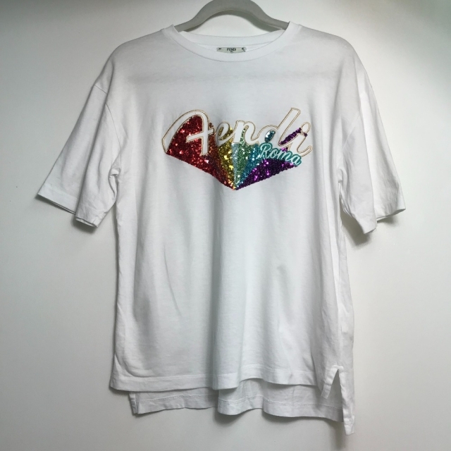 FENDI ロゴTシャツ スパンコール キャンバス  ホワイト レインボーロゴ
