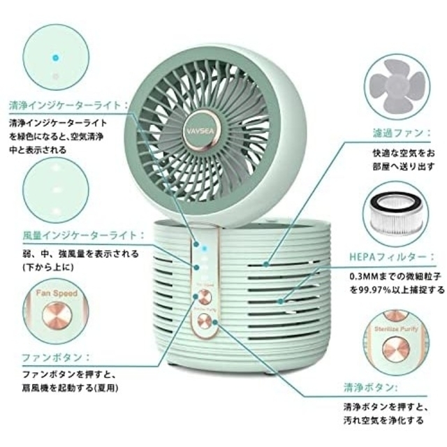 空気清浄機 小型 HEPAフィルター付き 空気清浄 8畳対応 1台多役 卓上 扇 スマホ/家電/カメラの生活家電(空気清浄器)の商品写真