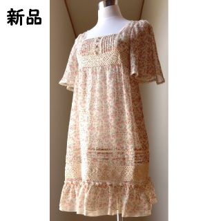 イング(INGNI)のINGNI☆レース編みリボン スクエアネック小花柄シフォンワンピース(ひざ丈ワンピース)