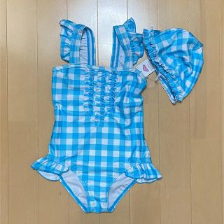 イオン(AEON)の新品タグ付き 女児 キャップ付き チェック柄 ワンピース水着 2点セット(水着)