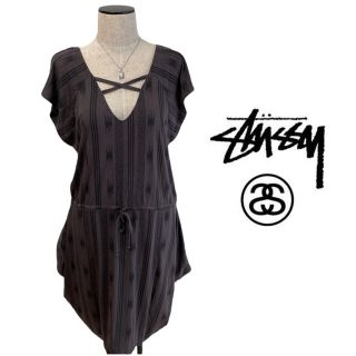 ステューシー(STUSSY)の【stussy】ステューシー　半袖　フレアワンピース　usXS ブラウングレー(ひざ丈ワンピース)