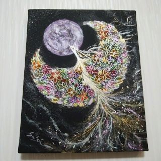 風水開運絵画＊満月花耀飛翔鳳凰　金運　恋愛結婚愛情運上昇　くじ　自信発展　縁結び(アート/写真)