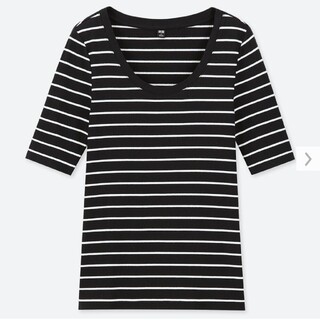 ユニクロ(UNIQLO)のMサイズ／ユニクロ ブラック リブボーダーUネックTシャツ(Tシャツ(半袖/袖なし))