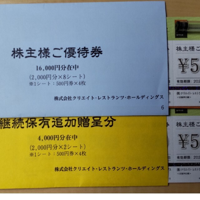 レストラン/食事券クリエイトレストランツ 株主優待 20000円分 22/8/31まで延長