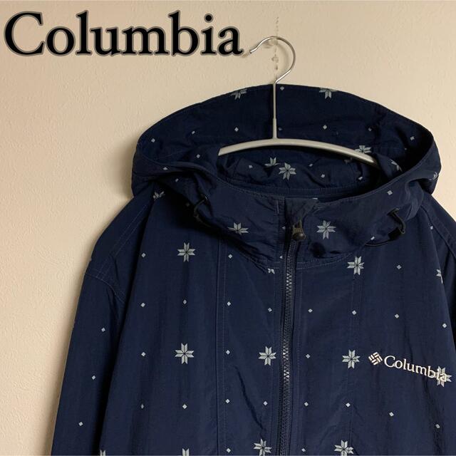 【美品】Columbia コロンビア　雪　結晶　総柄　ナイロンジャケット　ロゴ