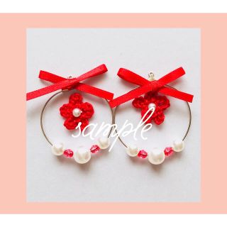 お花 ♡ リボン ≪赤≫ フープ ピアス / イヤリング(ピアス)