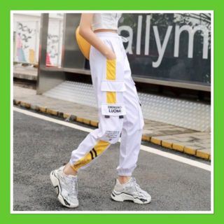 カーゴパンツ ジョガーパンツ ラインパンツ ボトムス テーパード 男女 白黄 L(ワークパンツ/カーゴパンツ)