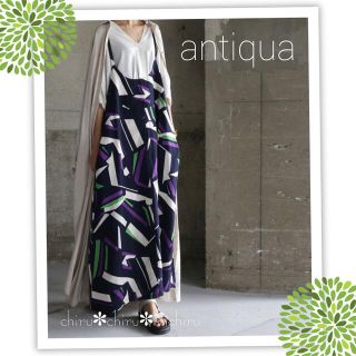 アンティカ(antiqua)の美品 antiqua 涼しいお素材*レトロ柄 サロペットスカート(ロングワンピース/マキシワンピース)