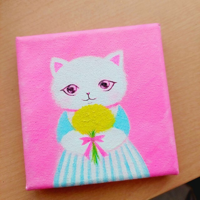 油絵　絵画　原画　ねこと花束39♡