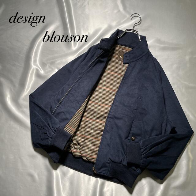 最安 日本製　古着　レトロ　デザインブルゾン　中総柄　チェック柄　ウール混　紺　刺繍 ブルゾン