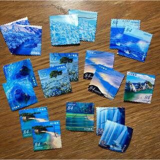 日本の古切手　使用済み切手　美しい自然 ブルー　18枚(使用済み切手/官製はがき)