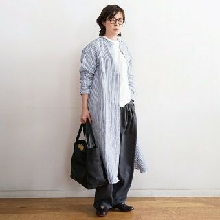 ムジルシリョウヒン(MUJI (無印良品))の無印≫フレンチリネン洗いざらしスタンドカラーワンピース／ダークネイビーストライプ(ひざ丈ワンピース)