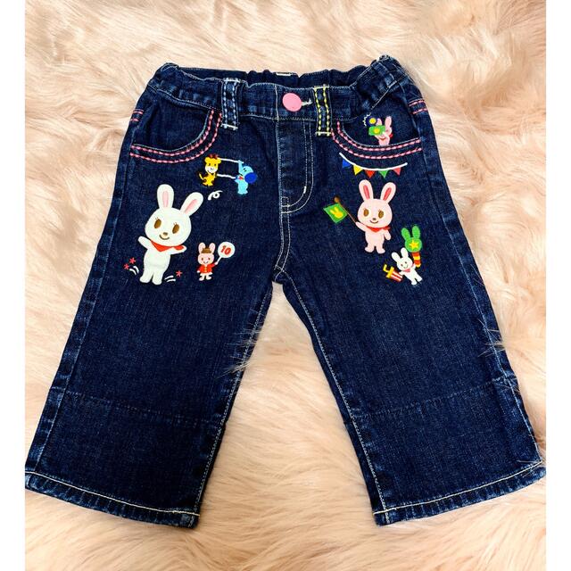 フラワーB ブルーグレイ 超美品 ミキハウス くまさんワッペン付デニム