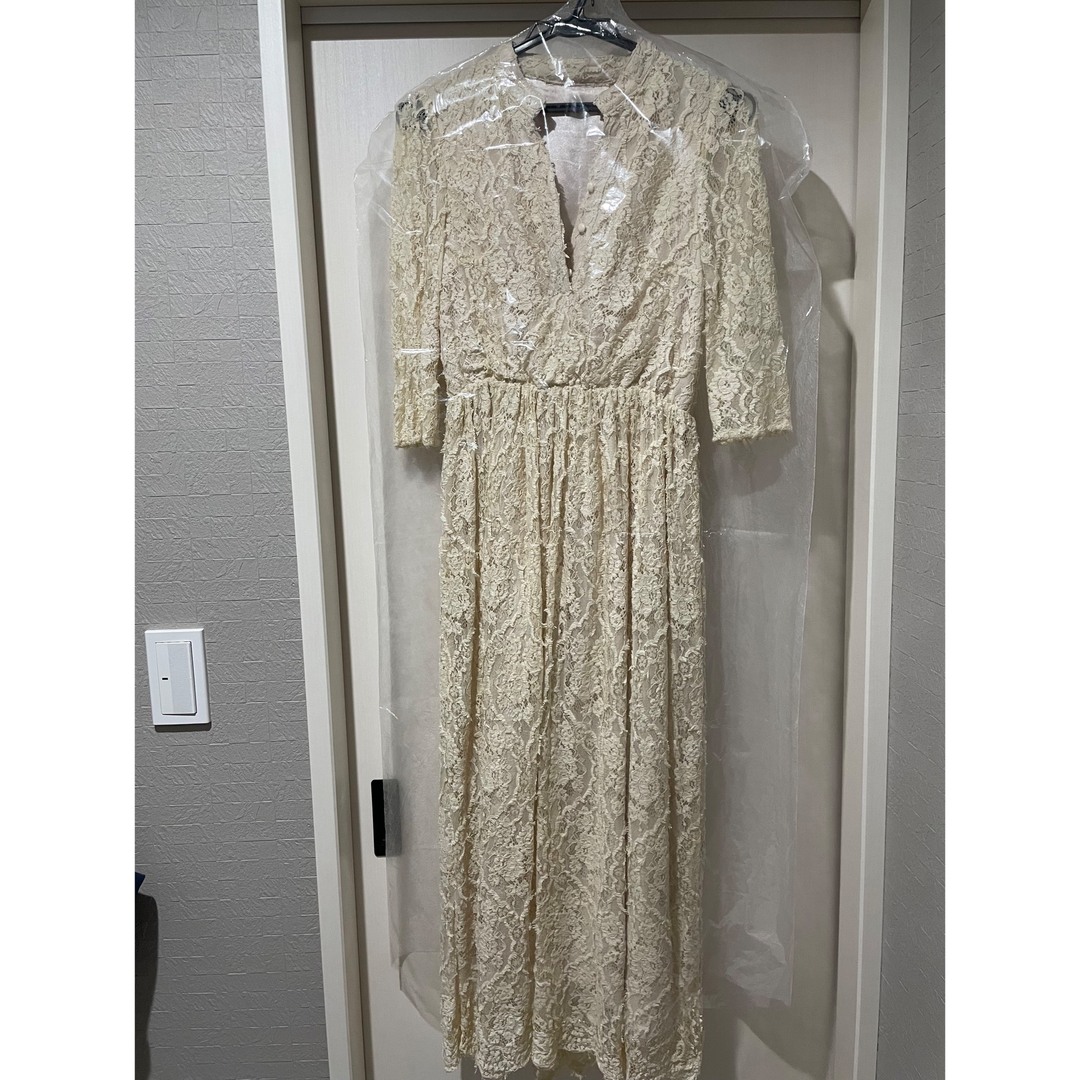 PREFERIR - バンドカラー カットワークレース 結婚式 パーティ ロング