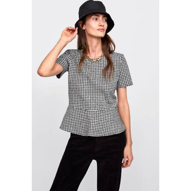 ZARA(ザラ)の美品　ZARA ザラ　千鳥格子　ペムラムトップス　トップス　人気　完売 レディースのトップス(シャツ/ブラウス(半袖/袖なし))の商品写真