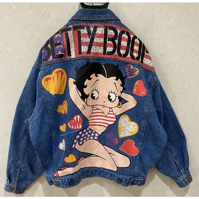 Betty Boop ベティちゃん プリント デニムジャケット ジージャン M ワンピース専門店 Gジャン デニム ジーンズ 古着 ベティーちゃん ビンテージ デニムジャケット Gジャン/デニムジャケット