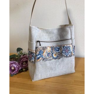 ワンショルダーバック　リネン✖️刺繍リボン(バッグ)