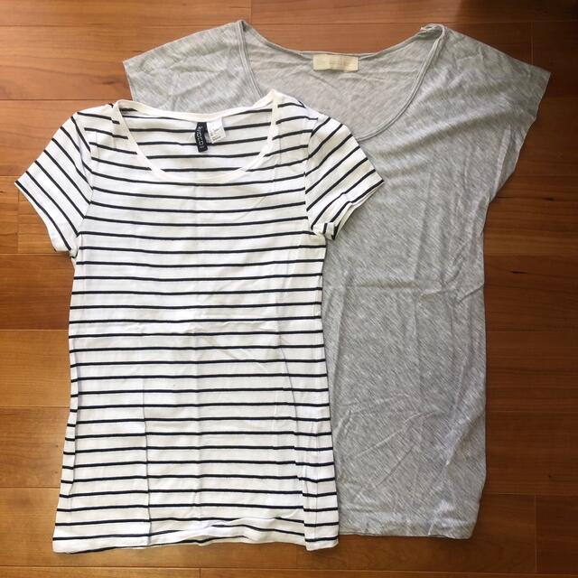 H&M(エイチアンドエム)のTシャツ   カットソー　半袖　ボーダー　グレー　2点セット レディースのトップス(Tシャツ(長袖/七分))の商品写真