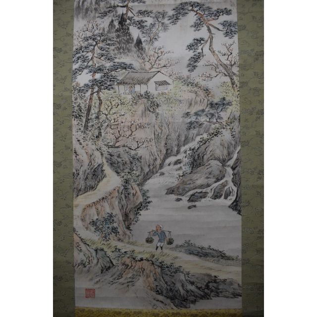 真作】矢野橋村/梅花亭子図/春景山水人物図/掛軸☆宝船☆Z-539 真作】矢野橋村/梅花亭子図/春景山水人物図/掛軸☆宝船☆Z-539