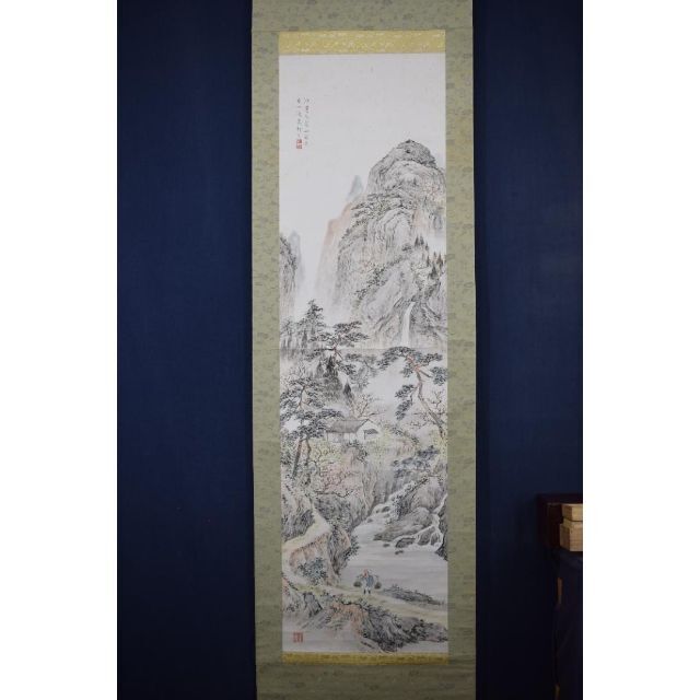 真作】矢野橋村/梅花亭子図/春景山水人物図/掛軸☆宝船☆Z-539 最安値