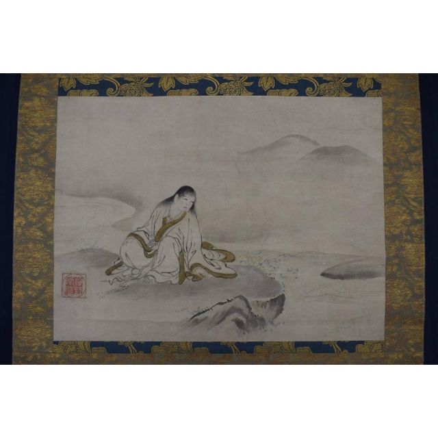 真作】狩野常信/菊慈童図/横物/掛軸☆宝船☆Z-545