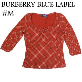 バーバリーブルーレーベル(BURBERRY BLUE LABEL)のバーバリー ブルーレーベル #M チェック 七分袖 ニット トップス レッド(Tシャツ(長袖/七分))