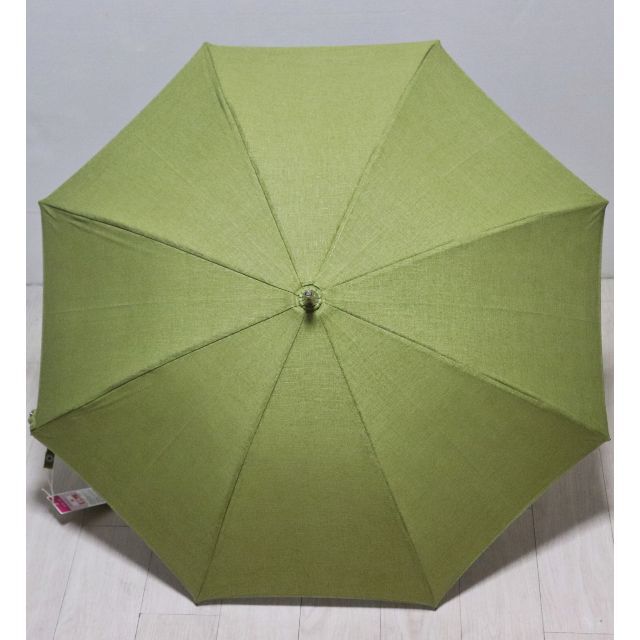 新品 生成り生地綿100％ 木製木彫り〇型持ち手 若草色 長傘 日傘 日本製 レディースのファッション小物(傘)の商品写真