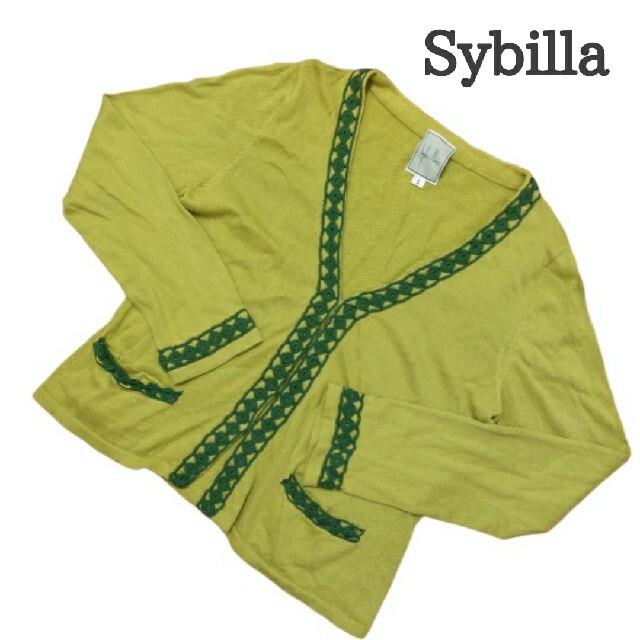 Sybilla(シビラ)の高級　希少　Sybilla　シビラ　カーディガン　刺繍　うぐいす色　Lサイズ レディースのトップス(カーディガン)の商品写真
