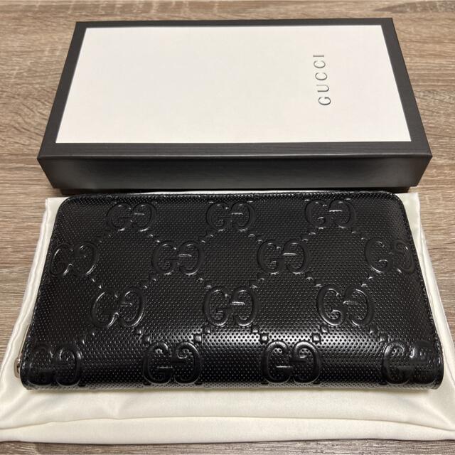 美品 グッチ GGエンボス ラウンドファスナー長財布 レザー ブラック