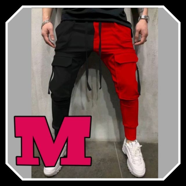 特価 ジョガーパンツ ストレッチ ツートン トラックパンツ カーゴパンツ 黒赤 L econet.bi