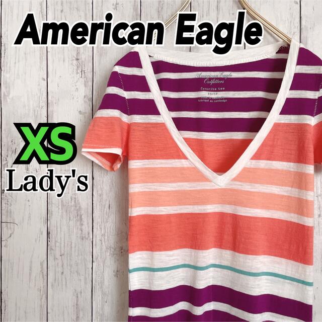 American Eagle(アメリカンイーグル)のアメリカンイーグル Vネック ボーダー XSサイズ マルチカラー レディース春夏 レディースのトップス(Tシャツ(半袖/袖なし))の商品写真