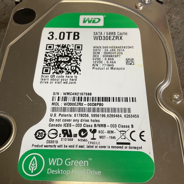 中古 WD Green WD30EZRX 3TB HDD 3.5インチ内蔵HDD スマホ/家電/カメラのPC/タブレット(PCパーツ)の商品写真