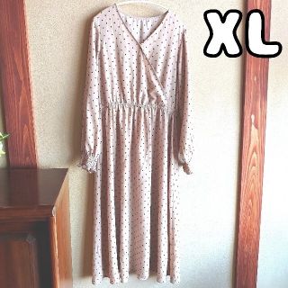 ジーユー(GU)のGU ドットカシュクールワンピース 長袖 XL ベージュ(ロングワンピース/マキシワンピース)