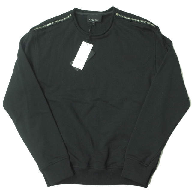 約495cm着丈3.1 Phillip Lim スリーワン フィリップリム 17AW LS ROLL EDGE CREWNECK SWEATSHIRT W ZIPPER ジップデザイン カットオフスウェット F1711372FTYM XS Black トレーナー プルオーバー トップス【新古品】【3.1 Phillip Lim】