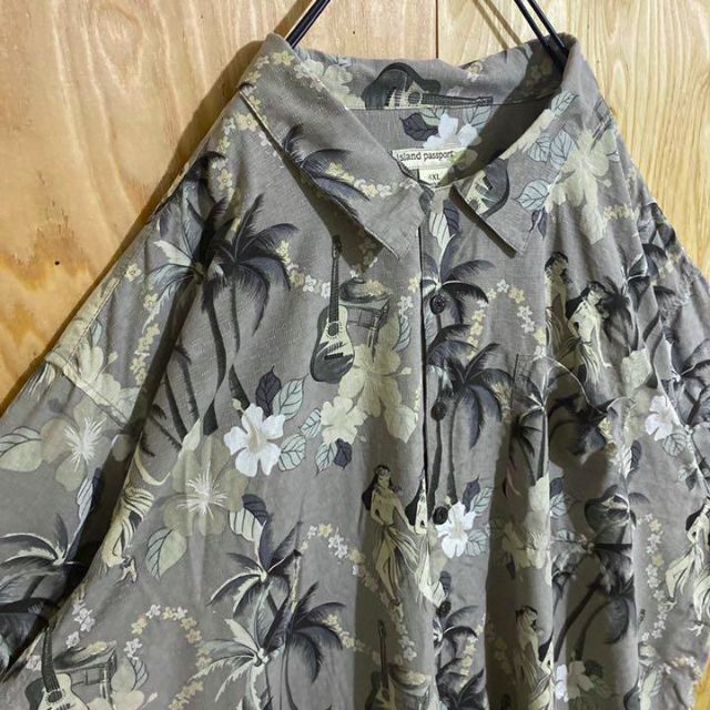 グレー 柄シャツ USA古着 90s 半袖 アロハ シャツ 総柄 メンズ 灰色の