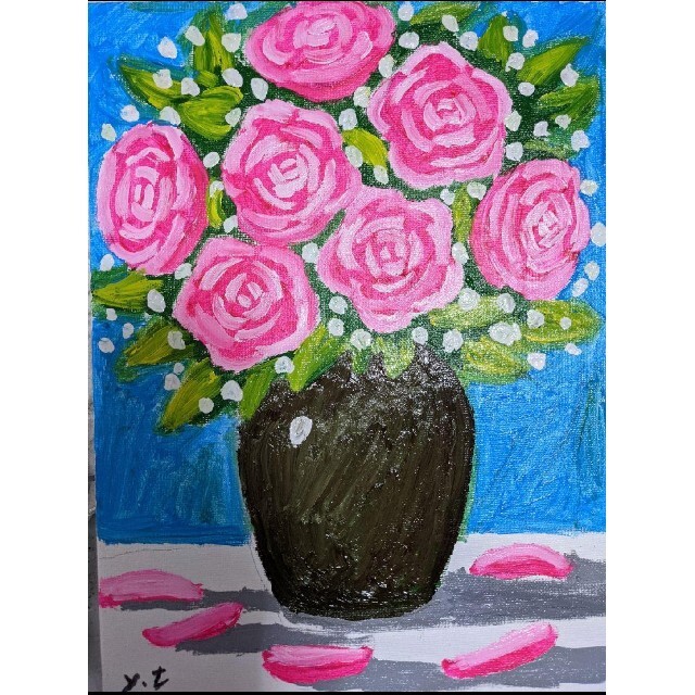 値下げ交渉あり。オペラピンクの花束を生けた花瓶　油彩画