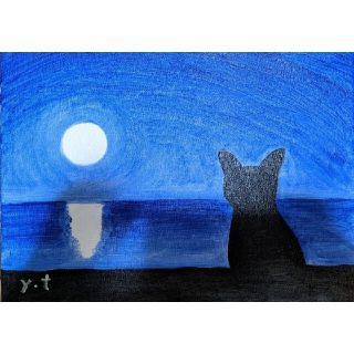 値下げ交渉あり。月夜の子猫（月夜のにゃんにゃん）油彩画