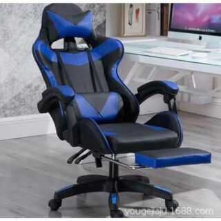 セール ゲーミングチェア オフィスチェア 椅子 リクライニング フットレスト 青(ハイバックチェア)